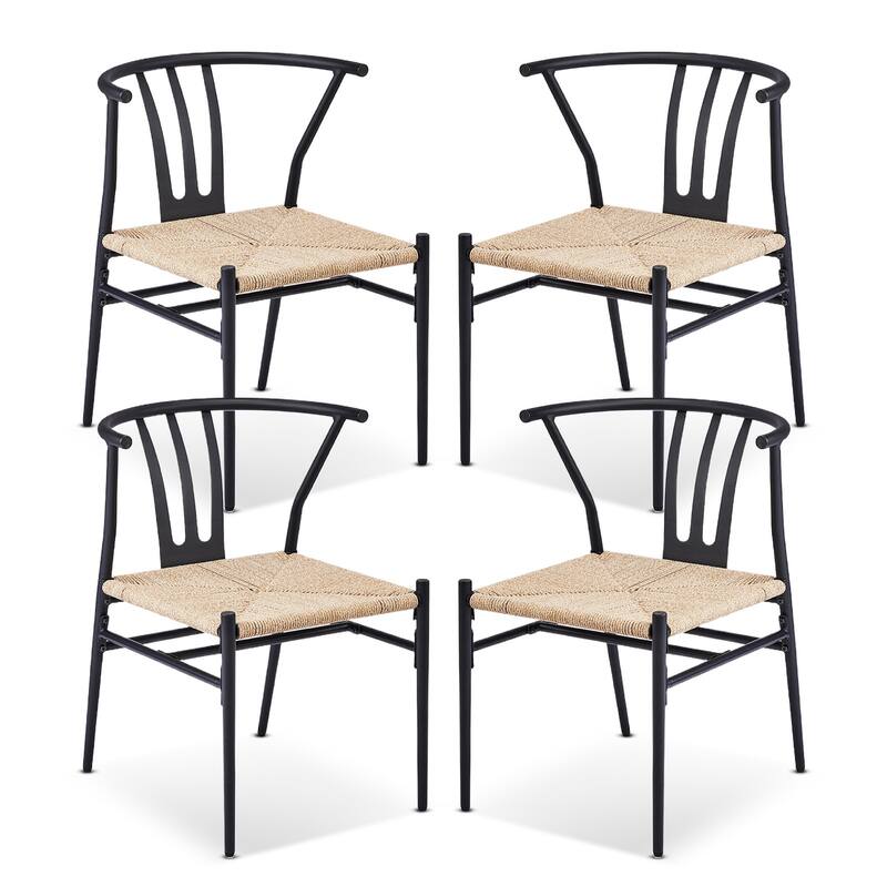 Set of 4 Hand-Woven Rope Dining Chairs with Metal Frame and Curved Back Ergonomic Design - 23” x 18.3” x 31.5”