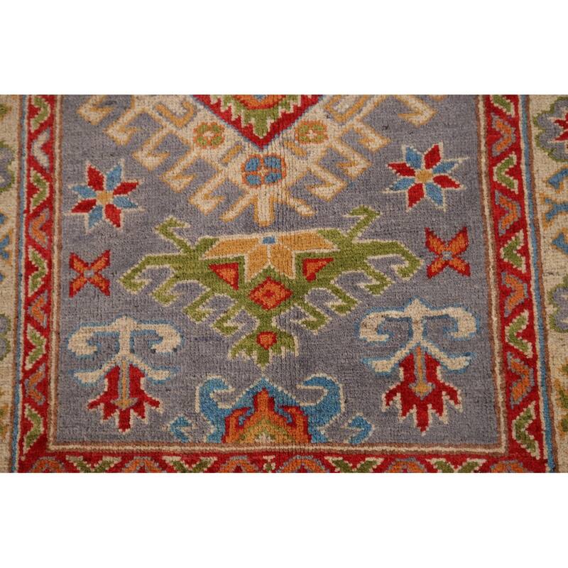 Geometric Gray Kazak Accent Rug Hand-Knotted Wool Carpet - 2'10" x 3'10"