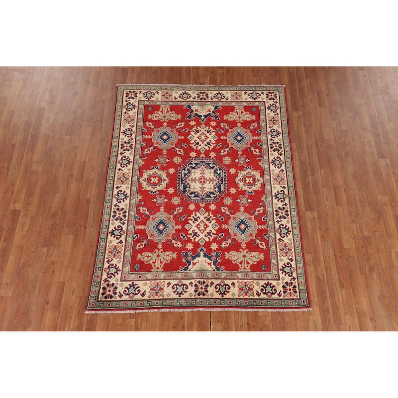 Geometric Red Kazak Oriental Rug Hand-Knotted Living Room Wool Carpet - 5'0" x 6'8"