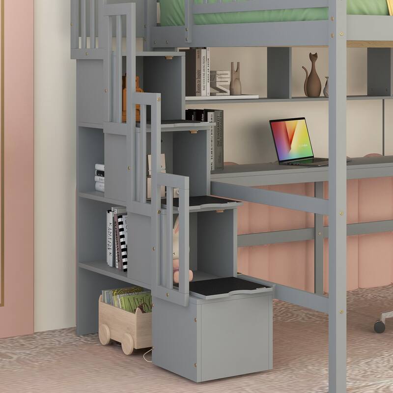 Full Size Loft Bed with Built-in Desk, Bookshelves and Storage Staircase,Grey