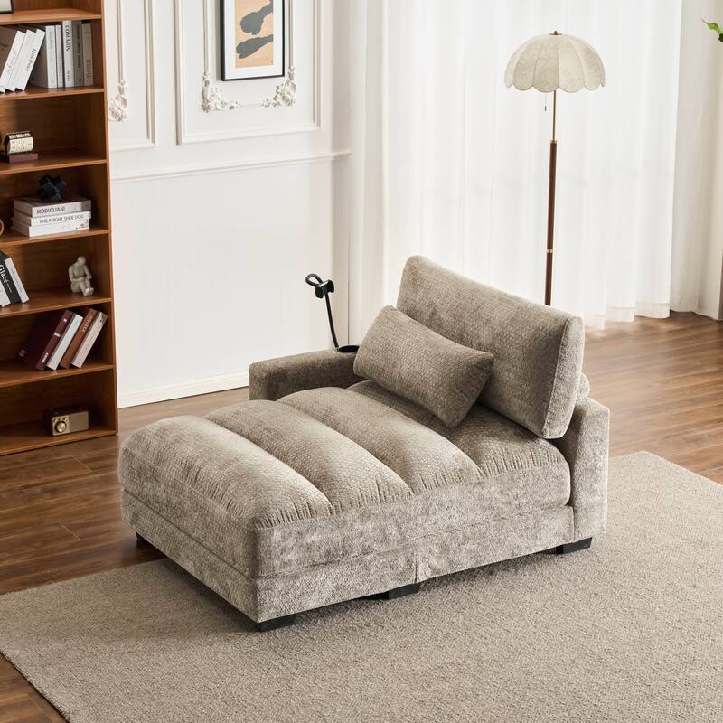 Chenille Single Sofa Chair Chaise Lounge with Phone Holder, Upholstered Recliner Sleeper Sofa Bed for Living Room