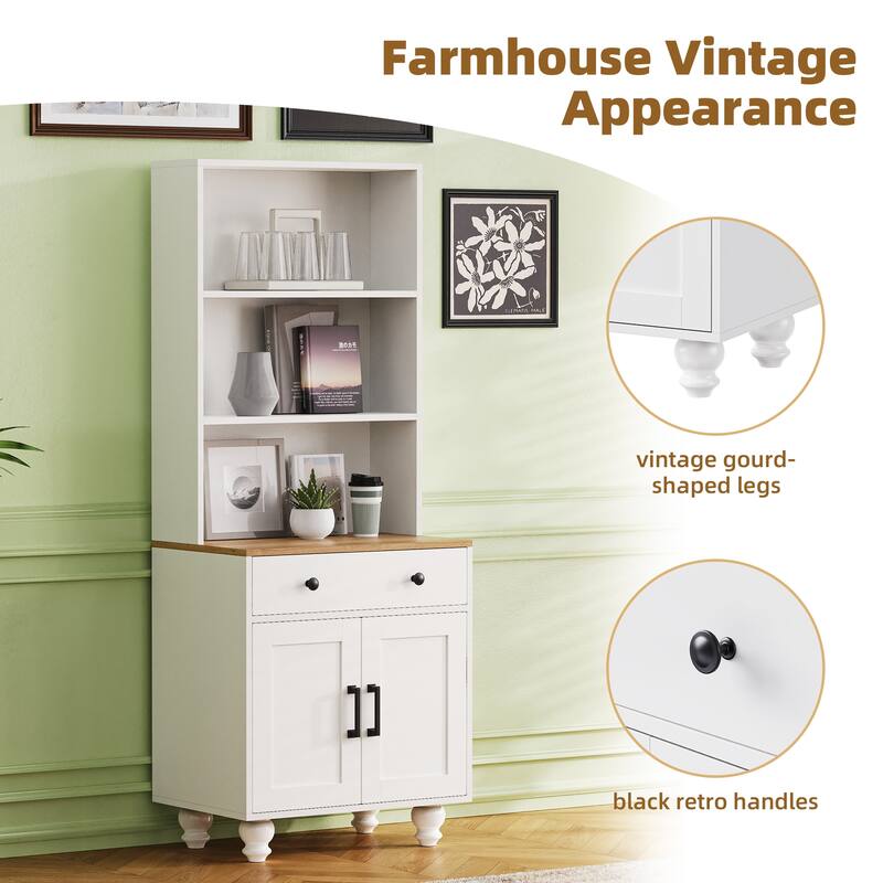 Storage Cabinet with 4 Solid Wood Gourd-Shaped Legs,Kitchen Pantry Cabinet with Adjustable Shelves,5 Tier Bookshelf with Drawer