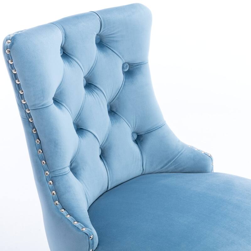 2 Velvet Upholstered Barstools with Button Tufted and Wooden Legs, and Chrome Nailhead Trim - N/A
