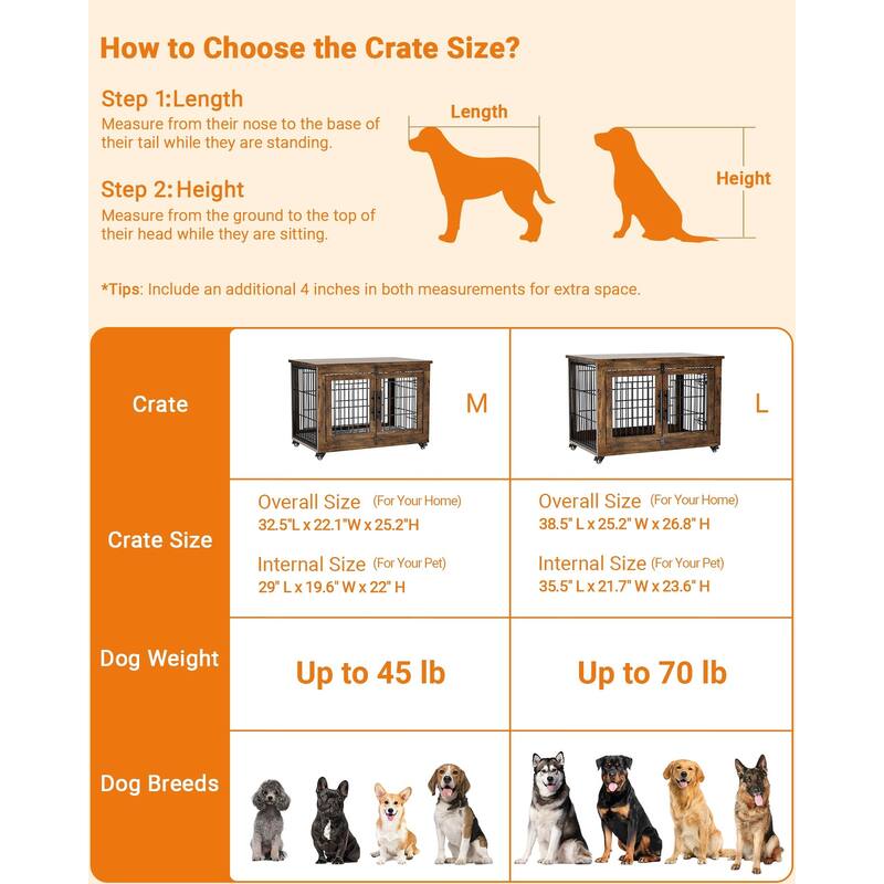 Dog Crate Furniture with Cushion Double Doors Wooden Dog Kennel