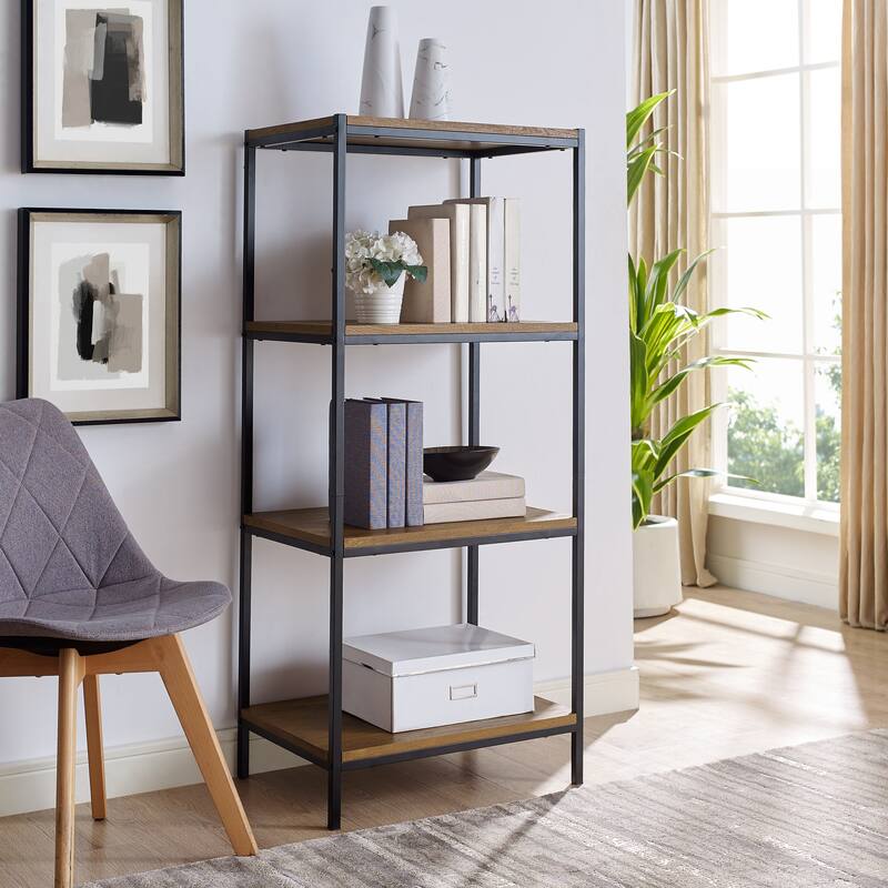 Caffoz 4-Tier Rustic Industrial Bookshelf Open Shelf Bookcase, Modern Wood Storage Shelf for Living Room, Office & Bedroom - Mahogany Brown
