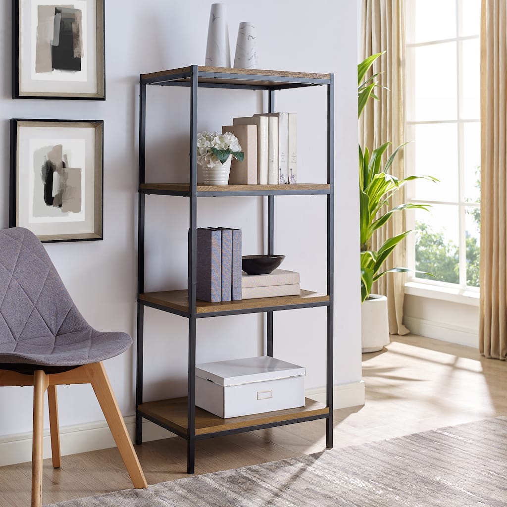 Caffoz 4-Tier Rustic Industrial Bookshelf Open Shelf Bookcase, Modern Wood Storage Shelf for Living Room, Office & Bedroom