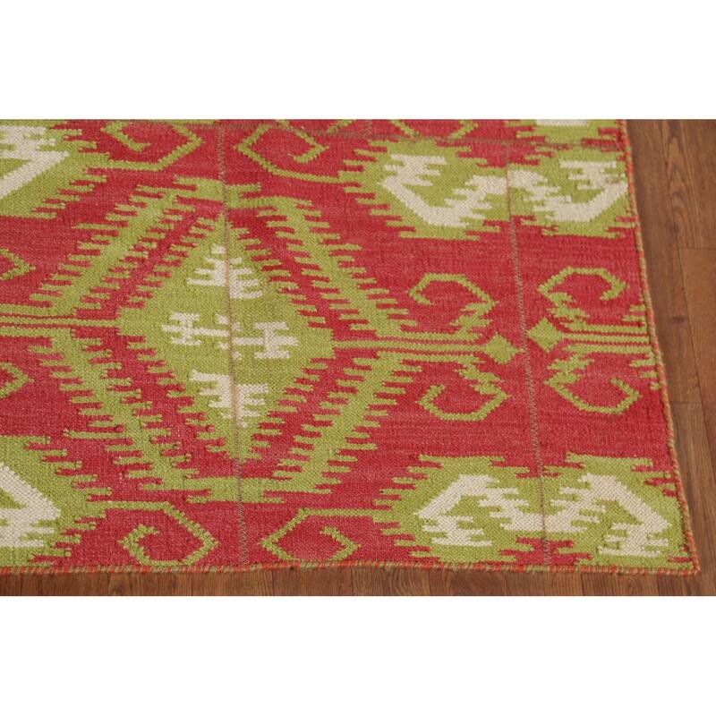 Geometric Kilim Oriental Area Rug Flatweave Pink Wool Carpet - 5'11"x 8'10"