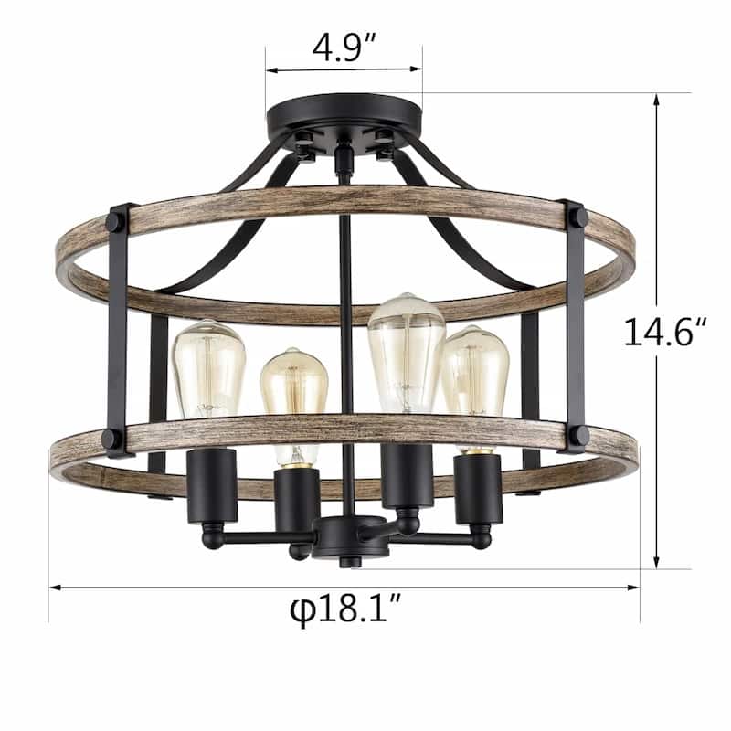 Tenerife Farmhouse Ceiling Light Fixtures Ceiling Semi Flush Mount Chandelier - Black & Wood Grain