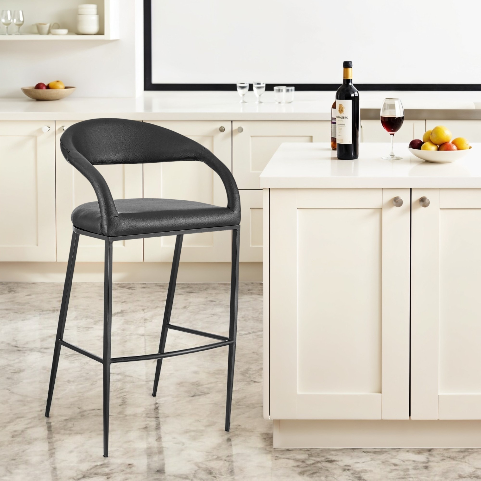 HomeRoots 30" Black Faux Leather and Iron Low Back Bar Height Bar Chair
