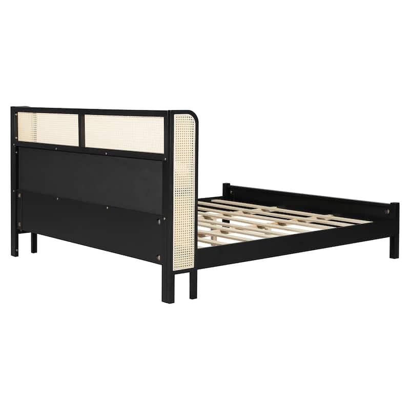 Christopher Knight Home - Mid-Century Upholstered Wood Low-Profile Platform Bed with Rattan Weaving Headboard