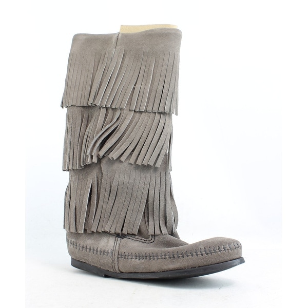 grey minnetonka fringe boots