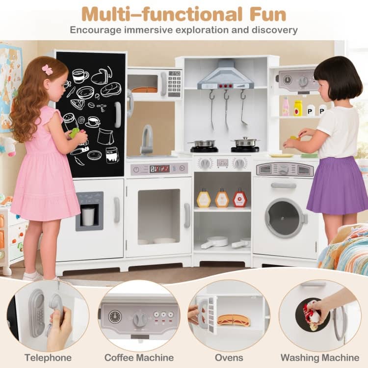 MDF Kids Corner Play Kitchen with Lights, Sounds and Ice Maker - 52" × 18.5" × 36"