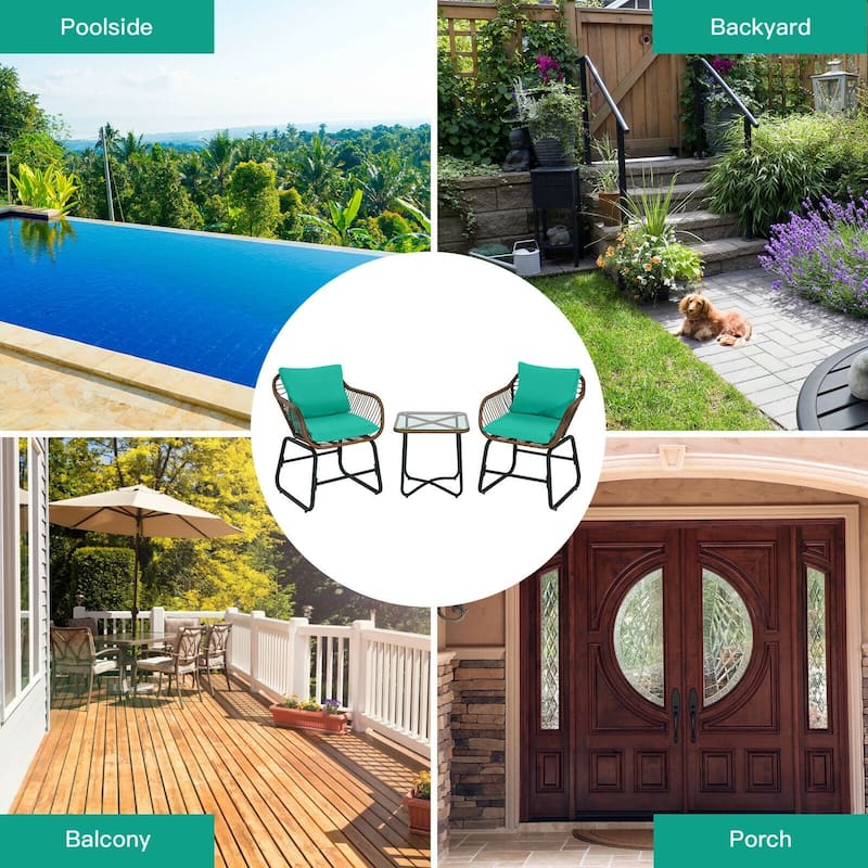 3 Pieces Patio Rattan Bistro Set Cushioned Chair Glass Table Deck - 22'' x 24.5'' x 31'' (L x W x H)