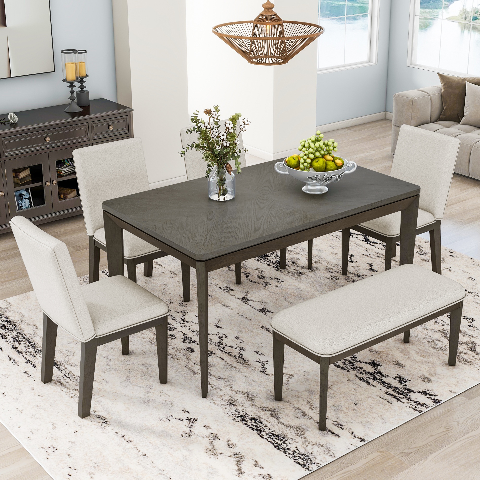 Farmhouse 6 Piece Dining Set 60 Rectangular Dining Table with 4 Dining Chairs and Bench for Family Dinner Room Beige Grey Bed Bath Beyond 40141829