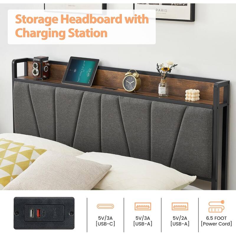 Linen Upholstered Platform Bed with Storage Headboard, 2 Drawers & Charging Station, No Box Spring Needed