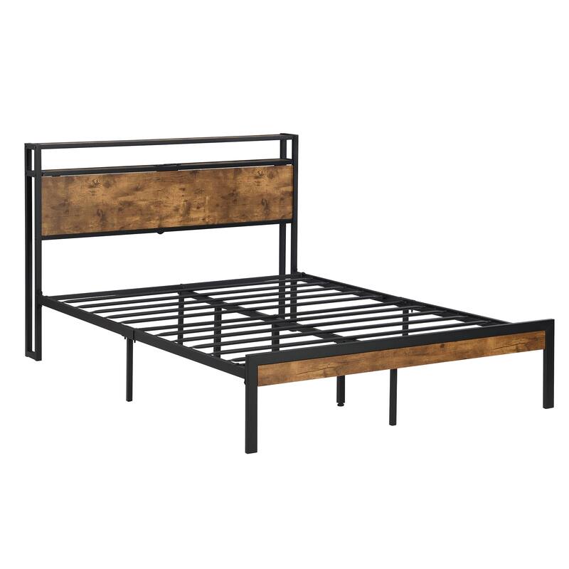 Queen Black Metal Platform Bed Wooden Headboard, USB, UnderBed