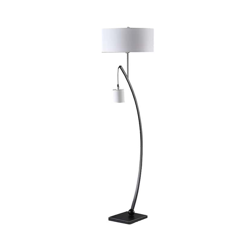 Jiya 59 Inch Arc Floor Lamp, Hanging Design, 2 White Drum Shades, Black