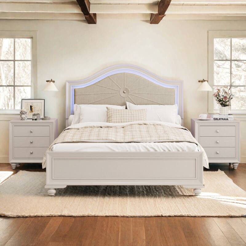 Modern Full Size Wood Bed with Curved Upholstered Headboard, Hidden LED Lights, No Box Spring Needed
