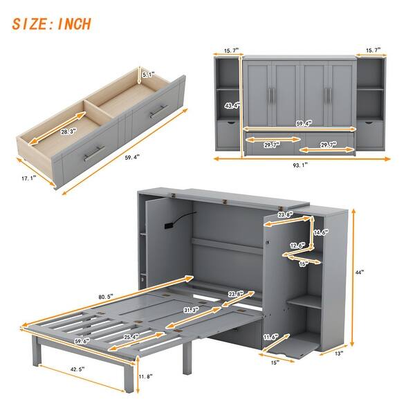 dimension image slide 1 of 2, Queen Size Wood Murphy Bed with Shelves,Wall Bed with Drawers and USB Ports