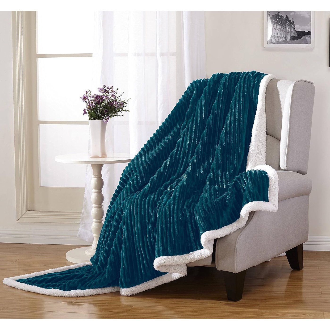 Decor More Ultra Lush Reversible Sherpa Corduroy Throw Blanket 50 x 60 Blue