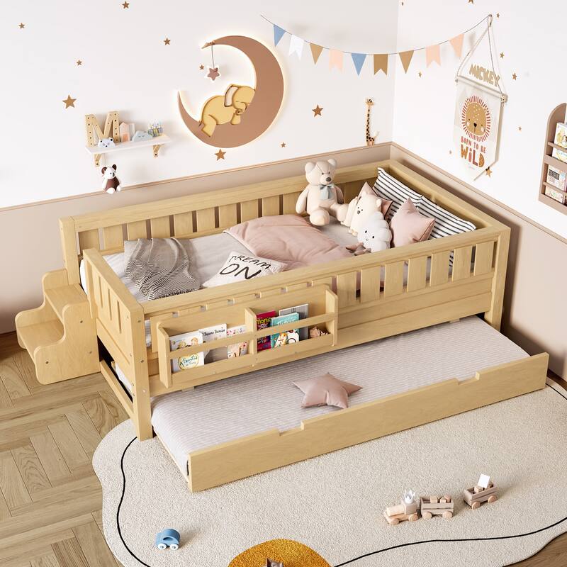 Full/Twin Size Wood Bed with Built-in Bookshelves and Storage Staircase, Safety Rails and Trundle Bed