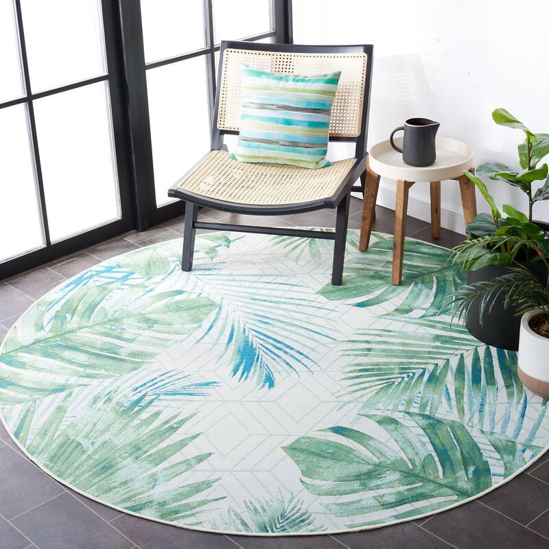 SAFAVIEH Barbados Floare Tropical Indoor/ Outdoor Waterproof Patio Backyard Rug - 6'6" Round - Green/Teal