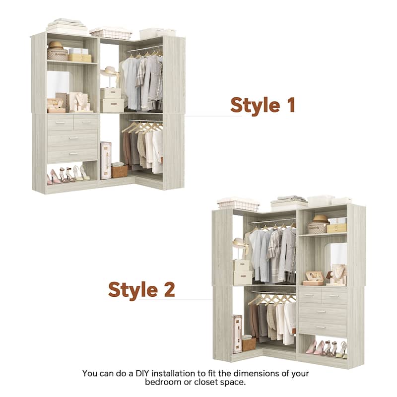 Cimly Set of 2 Corner Closet System WITH Drawers, Freestanding Closet Organizer with Hanging Rods and Shelves