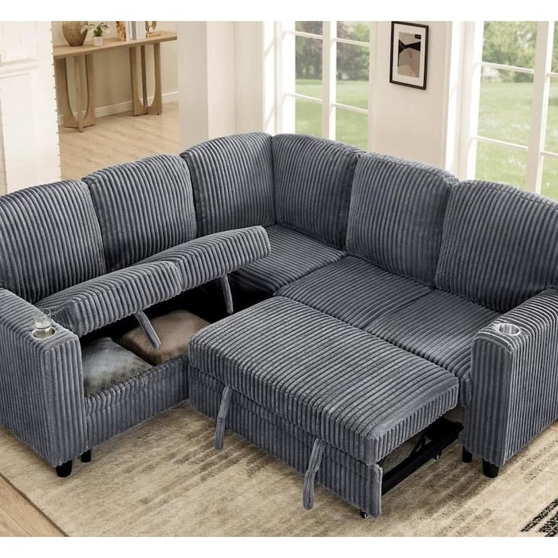Modern Corduroy 5-seater L-shaped Convertible Sectional Sofa Bed with Pull-out Bed and USB Charging - Grey