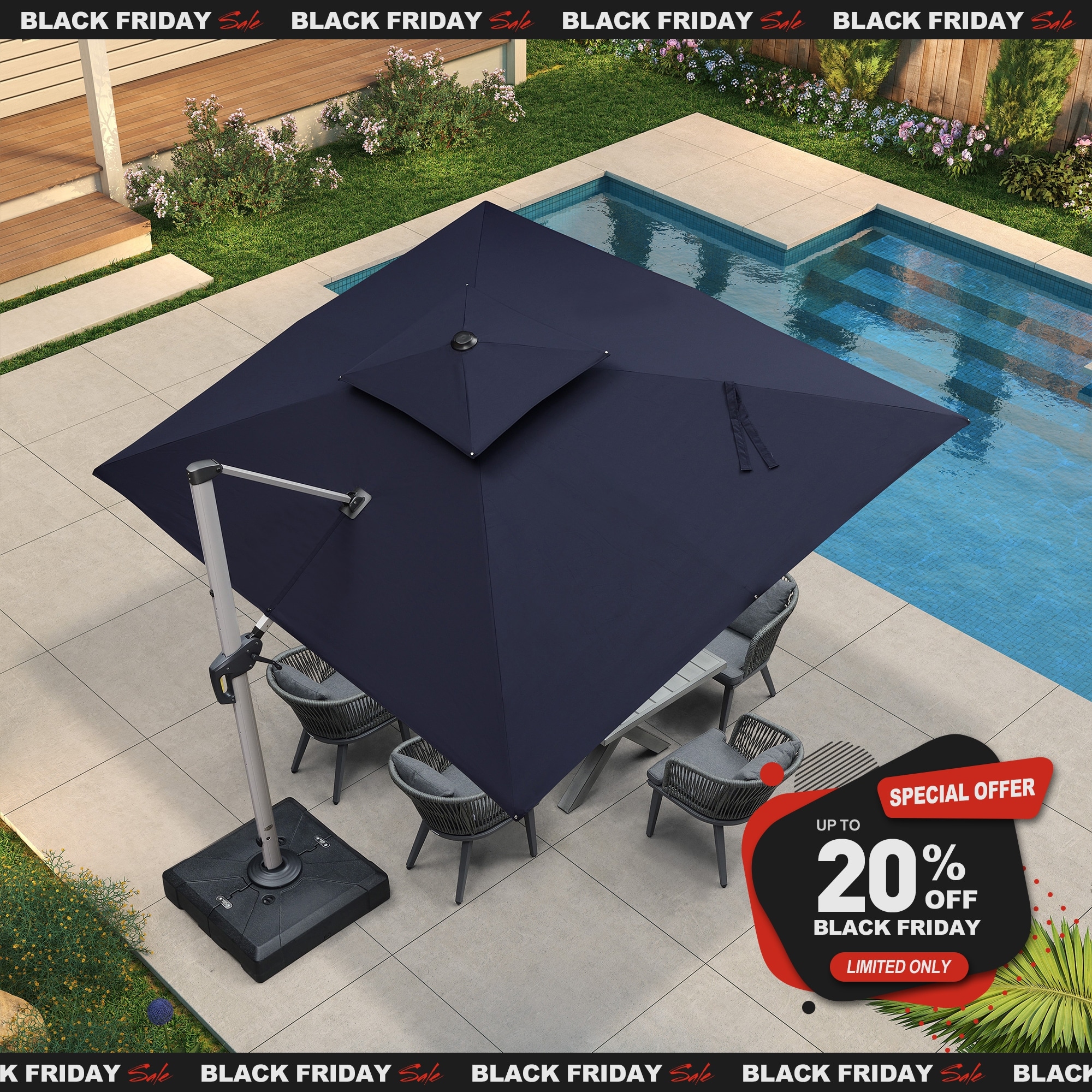 black friday cantilevered patio umbrella Mojia 10x10 FT Square Cantilever with Solar LED Lights and Cross Base, 360 Rotation Large Heavy Duty Offset Outdoor Umbrella with Easy Tilt for Pool Backyard Deck Garden and provides more sun shading areas Best Cantilever Umbrellas 2025 -