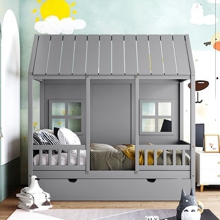 Twin Size Wood House Bed & Daybed with Twin Size Trundle, Slat Support