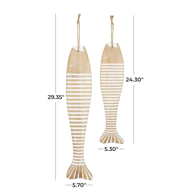 Brown Wood Fish Home Wall Decor with White Stripes and Hanging Rope (Set of 2)