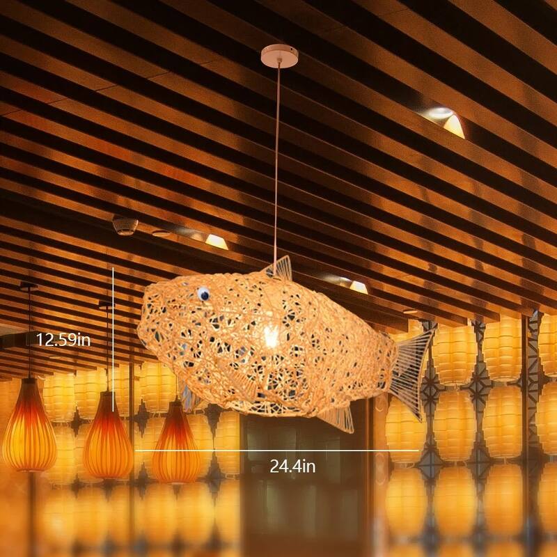Rattan Chandelier Fish Shape Lantern Chandelier Fixture Hanging Ceiling - 24" x 12"