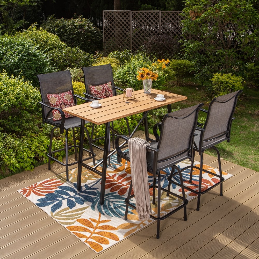 5-Piece Patio Bar Stool Set Wood-grain Bar Table & Textilene Swivel Stools