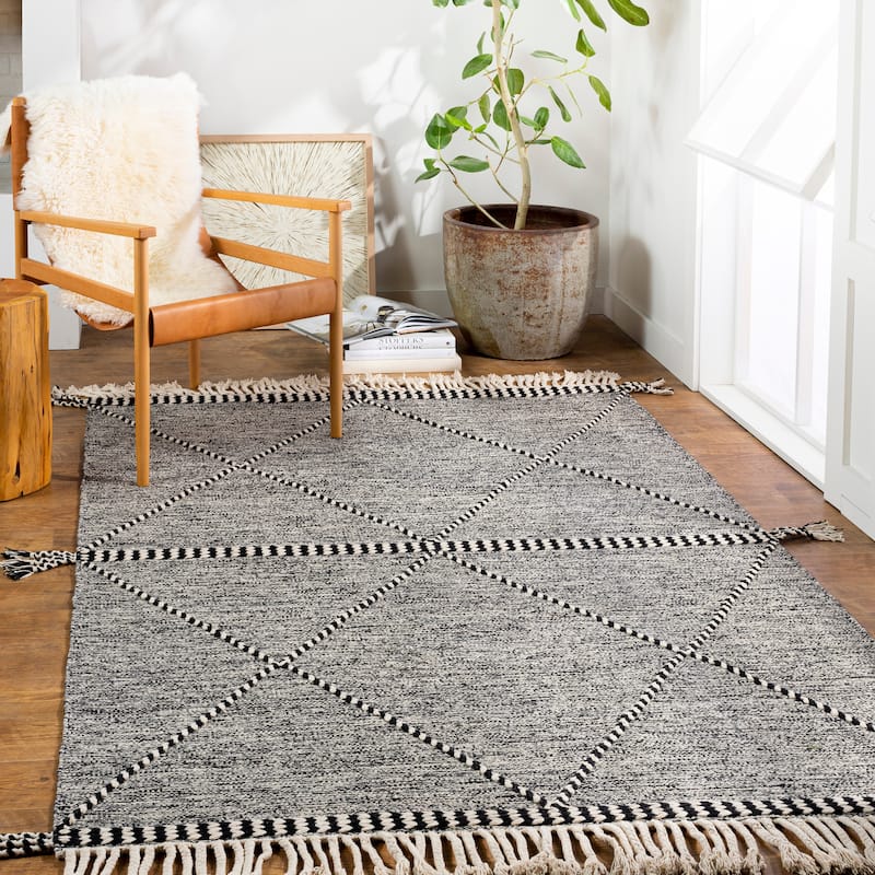 Livabliss Jackston Handmade Boho Tassel Cotton Area Rug - Black/Cream - 3' x 5'