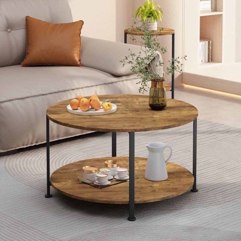 Anmytek Rustic Brown 3 Piece Coffee and End Table Set with Storage Shelves Round Modern Farmhouse Living Room Accent Table Set