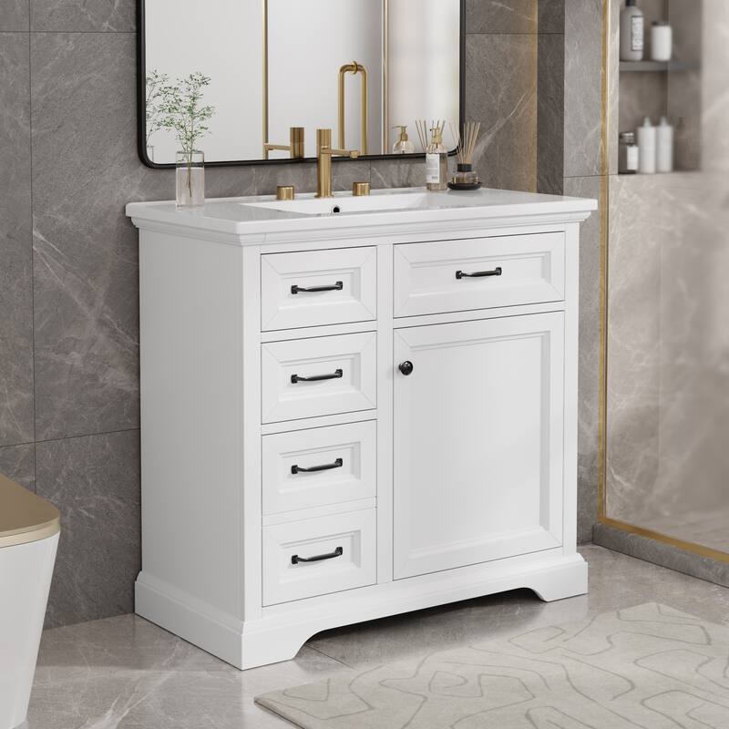 36" Bathroom Vanity with Ceramic Sink - 4 Drawers + Soft-Close Door, Pre-Drilled for 8" Faucet