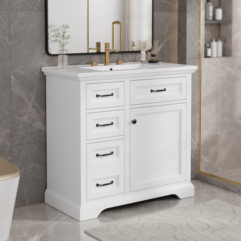 36 Inch Bathroom Vanity Ceramic Sink 4 Drawers Soft Close Door Metal Handles 8 Inch Faucet White