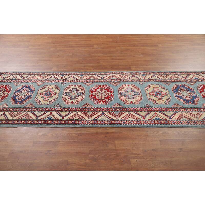 Light Blue Kazak Runner Rug Handmade Wool Carpet - 2'11" x 9'7"