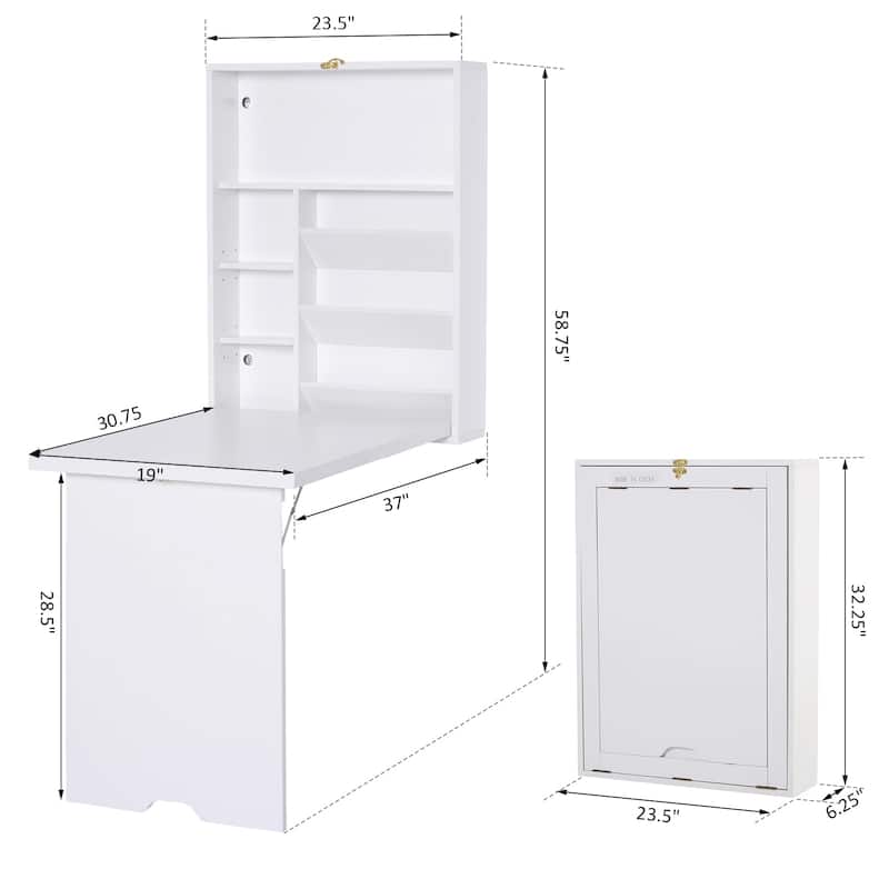 HOMCOM Compact Fold Out Wall Mounted Convertible Desk With Storage, White