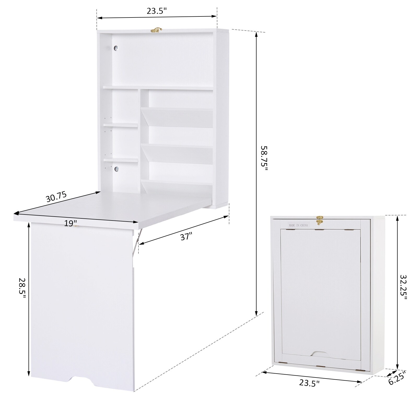 Homcom compact fold out wall shop mounted convertible desk with storage