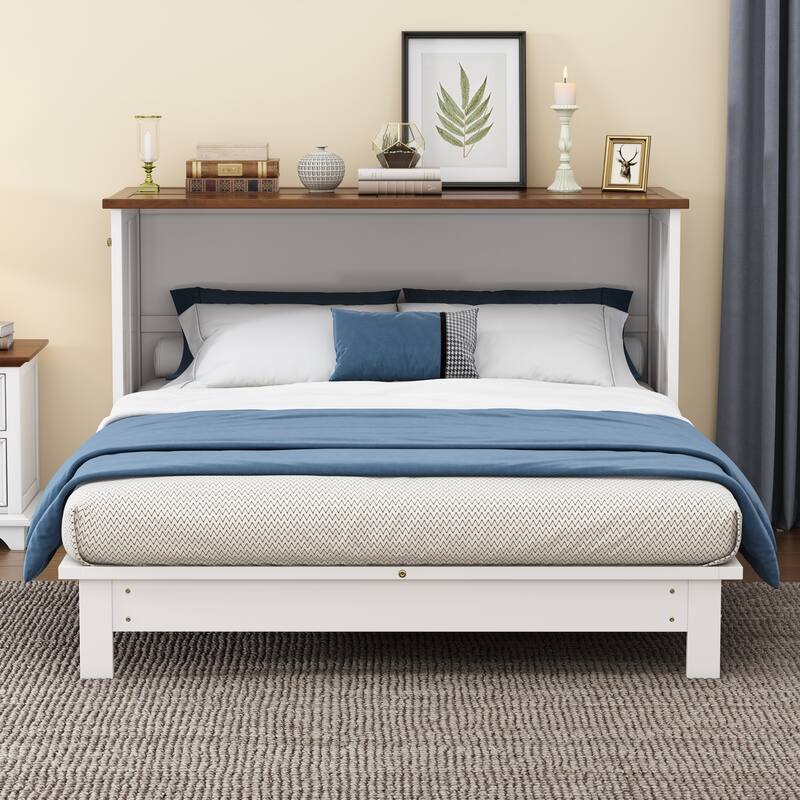 Queen Size Solid Pine Murphy Bed with Charging Station & Storage Drawer
