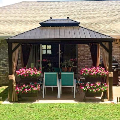 PURPLE LEAF Outdoor Galvanized Steel Roof Aluminum Frame Hardtop Gazebo with Netting,Curtains included