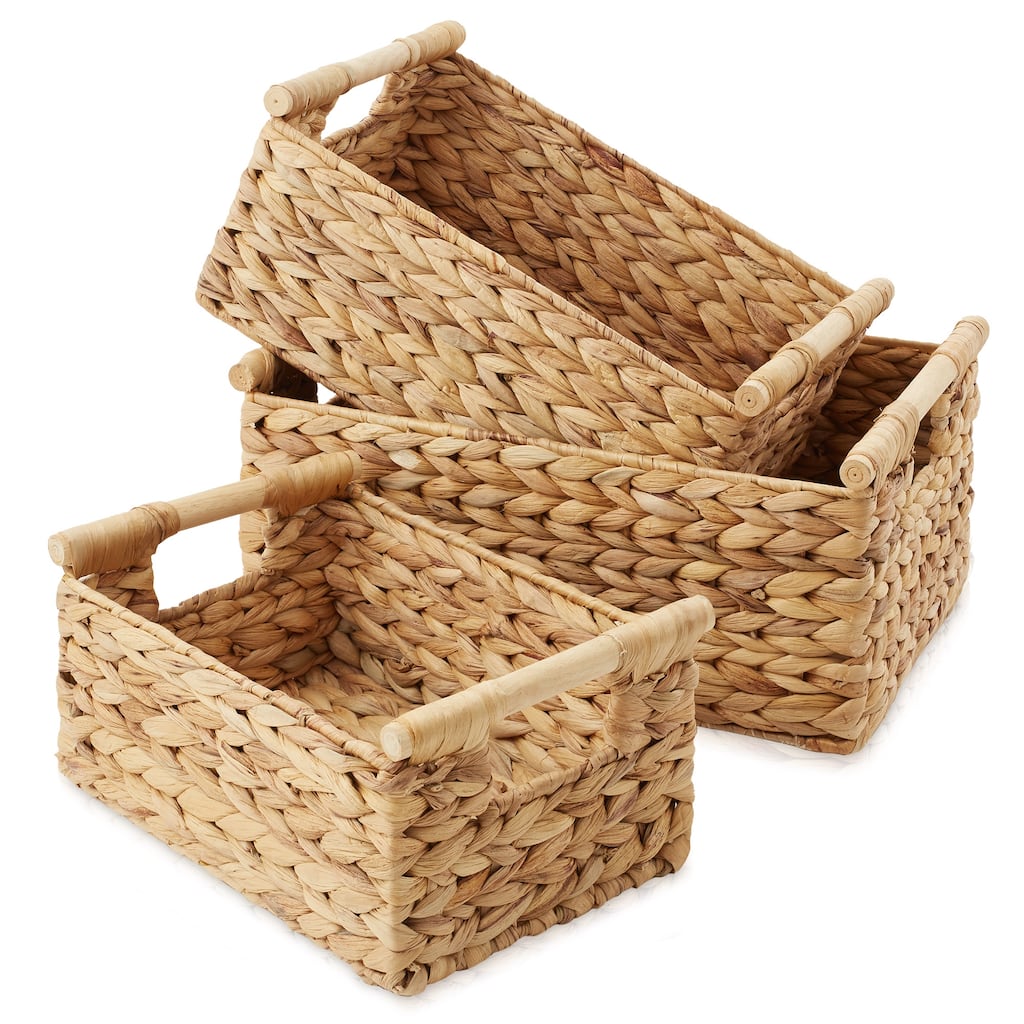 3pk Hyacinth Storage Baskets with Wooden Handles Small Medium Large - Tan