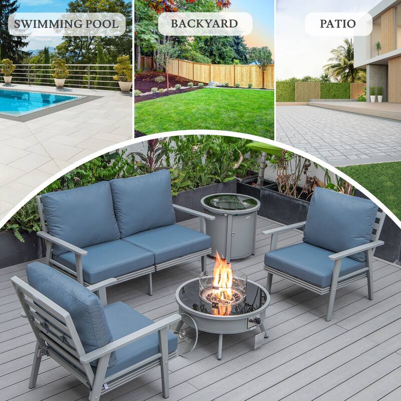 Walbrooke 4-Piece Outdoor Powder-Coated Frame Patio Furniture Set with Fire Pit Table, Tank Holder and Polyester Cushions