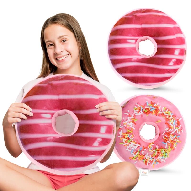 Cheer Collection Reversible Plush Donut Throw Pillow - Pink Glaze / Rainbow Sprinkles