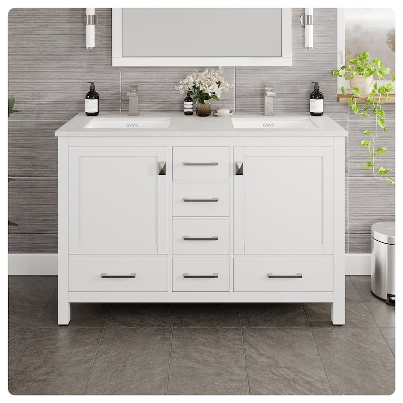 London 48"W DS Bath Vanity with Carrara Quartz Top & Porcelain Sink - White