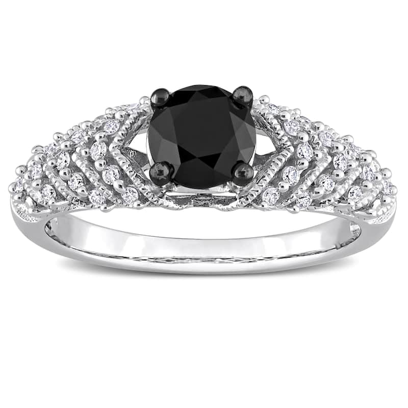 Miadora 4/5ct TDW Round-cut Black and White Diamond Vintage Chevron Engagement Ring 14k White Gold