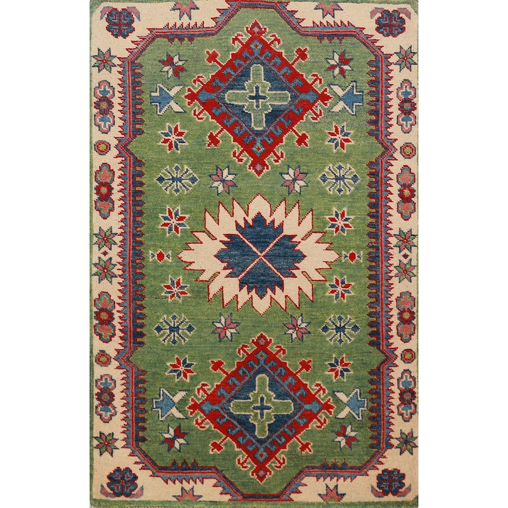 Green Kazak Foyer Rug Traditional Handmade Wool Carpet - 2'7"x 4'1"