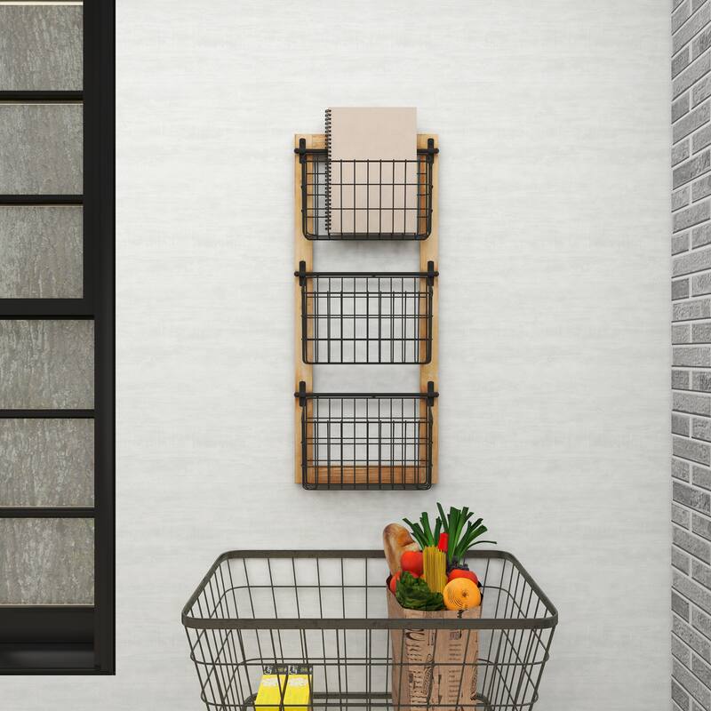 Black Metal 3 or 2 Slot Magazine Rack Holder with Wood Frame and Suspended Wire Baskets