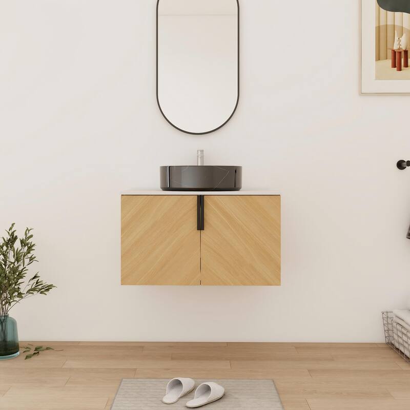 Bathroom Vanity With Sink In 30/36 Inch, Floating Bathroom Vanity With 2 Soft Close Doors - 29.5''W×18.88''D×21.8''H - Beige-Black with white patterns